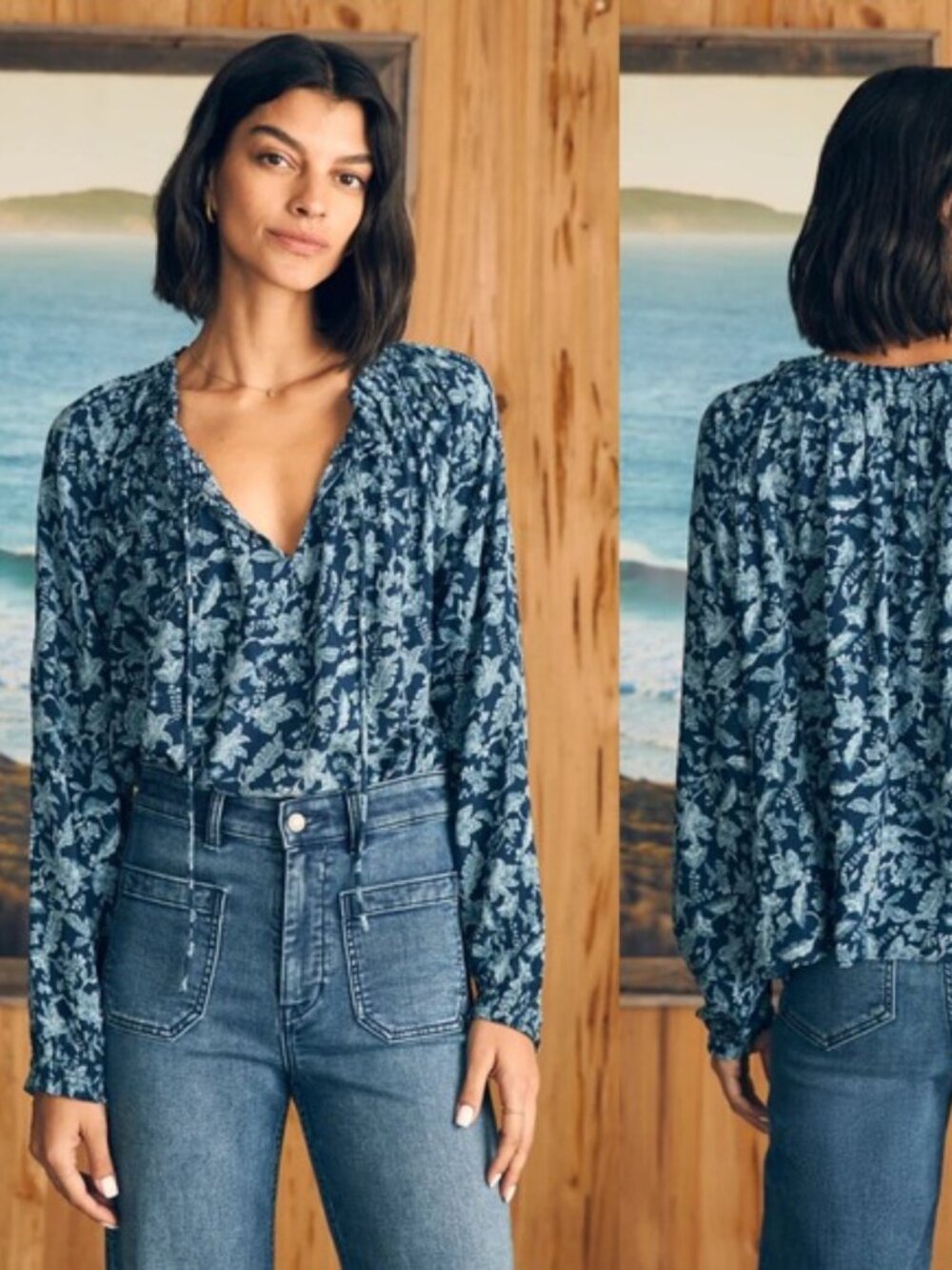 Women's Blue Floral V-Neck Long Sleeve Top